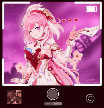 1girl ;) battery_indicator beret breasts cleavage commentary dress earrings eden_(honkai_impact) elf elysia_(hi_love_elf)_(honkai_impact) elysia_(honkai_impact) english_commentary fake_phone_screenshot fake_screenshot gloves hat heart heart_earrings highres holding holding_letter honkai_(series) honkai_impact_3rd jewelry large_breasts letter long_hair multicolored_dress multicolored_hair one_eye_closed pink_dress pink_gloves pink_hair pointy_ears purple_eyes purple_sky red_dress satyharvenheit selfie sky smile solo twitter_username two-tone_hair very_long_hair white_dress white_hair