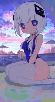 1girl absurdres between_legs blue_eyes blush breasts cevio cleavage hand_between_own_legs highres kafu_(cevio) kou_koufu long_sidelocks low-tied_sidelocks pink_pupils school_swimsuit seiza short_hair sidelocks sitting sky solo swimsuit thighhighs thighs white_hair white_thighhighs