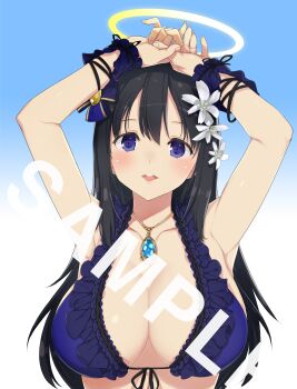 1girl absurdres armpits arms_up bikini blue_bikini blue_eyes blue_gemstone blush breast_mousepad breasts front-tie_bikini_top front-tie_top gem halo highres jewelry large_breasts looking_at_viewer marvelous necklace open_mouth pendant ryouki_(senran_kagura) sample_watermark second-party_source senran_kagura solo swimsuit watermark yaegashi_nan