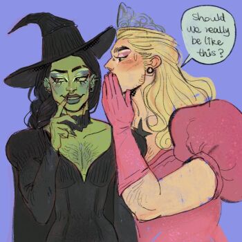 2boys ? antonio_leon_mars_(skcd_loen) arm_hair black_dress black_eyeliner black_hair black_hat blonde_hair braid braided_ponytail bridge_piercing chest_hair chest_tattoo cocked_eyebrow colin_jones_(skcd_loen) collar colored_skin commentary cosplay covering_own_mouth crossdressing crossdressing_(mtf) crown drag_queen dress ear_piercing elbow_gloves elphaba_thropp elphaba_thropp_(cosplay) english_commentary english_text eyebrow_cut eyeliner eyeshadow face_piercing facial_hair finger_to_mouth fingernails frilled_collar frills gloves good_witch_of_the_north good_witch_of_the_north_(cosplay) green_eyeshadow green_nails green_skin grey_crown hair_slicked_back hat juliet_sleeves long_fingernails long_sleeves looking_at_another looking_to_the_side makeup multiple_boys original piercing pink_dress pink_eyeshadow pink_gloves plug_(piercing) plunging_neckline profile puffy_short_sleeves puffy_sleeves purple_background ring_piercing short_sleeves simple_background skcd_loen sketch smile speech_bubble star_(symbol) star_tattoo stubble sweatdrop tattoo teeth thick_lips upper_body wicked witch witch_hat