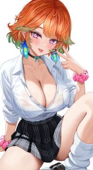 1girl :p black_choker black_skirt bra bra_peek breasts choker cleavage collarbone fake_nails gradient_hair green_hair gyaru highres hololive hololive_english large_breasts looking_at_viewer loose_socks mafukkoin miniskirt multicolored_hair orange_hair purple_eyes scrunchie shirt shirt_tucked_in short_hair simple_background sitting skirt socks solo takanashi_kiara thighs tongue tongue_out underwear v virtual_youtuber white_background white_shirt white_socks wrist_scrunchie