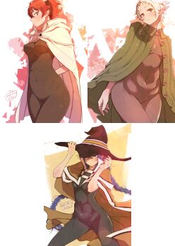 1girl absurdres adjusting_clothes adjusting_headwear arms_behind_back artist_name blue_eyes blush braid breasts breasts_apart brown_cloak cloak closed_mouth collage covered_navel cowboy_shot crossed_bangs curvy elf eris_greyrat fantasy from_side green_cloak groin hair_between_eyes hat highres hip_bones kiyo_(a_sam_ko) lips long_hair looking_at_viewer looking_to_the_side medium_breasts mushoku_tensei narrow_waist navel neck open_mouth pointy_ears red_eyes red_hair roxy_migurdia short_hair sidelocks simple_background skin_tight skinny small_breasts solo standing sylphiette_(mushoku_tensei) teeth twin_braids white_cloak white_hair wide_hips