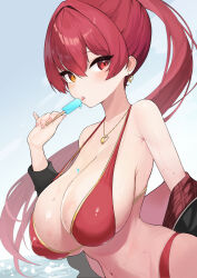 Rule 34 | 1girl, beach, bikini, black jacket, blush, breasts, covered erect nipples, earrings, eating, food, gold earrings, gold necklace, heart, heart earrings, heart necklace, heterochromia, highres, holding, holding food, holding popsicle, hololive, houshou marine, houshou marine (summer), huge breasts, jacket, jewelry, licking, long hair, looking at viewer, melting, navel, necklace, official alternate costume, open mouth, oritonagi, ponytail, popsicle, popsicle stick, red bikini, red eyes, red hair, red jacket, solo, swimsuit, two-sided fabric, two-sided jacket, virtual youtuber, wet, yellow eyes