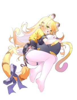 1girl absurdres animal_ears black_shorts blonde_hair blue_bow blush bow cropped_jacket fang green_eyes highres hugging_object jacket ju_fufu loli looking_at_viewer ningmeng_jing_jing_jing_jing open_mouth shorts skin_fang solo tail tail_bow tail_ornament thigh_strap tiger_ears tiger_girl tiger_tail yellow_jacket zenless_zone_zero