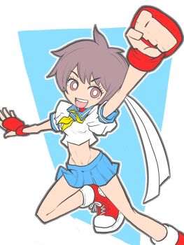 1girl blue_skirt brown_hair capcom converse female_focus fingerless_gloves gloves headband kasugano_sakura kunimitsudx navel neckerchief pleated_skirt red_gloves school_uniform shoes short_hair skirt sneakers solo street_fighter street_fighter_zero_(series) white_headband yellow_neckerchief