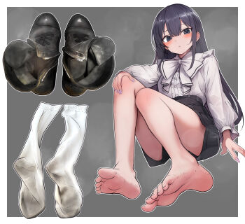 Rule 34 | 1girl, absurdres, barefoot, black eyes, black hair, blush, boots, feet, hand on own knee, highres, long hair, looking at viewer, loose socks, lumina414, shoes, smell, socks, soles, steam, toes, unworn boots, unworn shoes, unworn socks, white socks