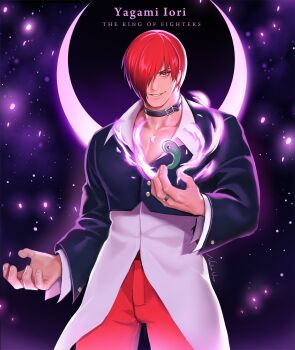 1boy black_jacket character_name choker collared_shirt copyright_name crescent cropped_jacket embers fire grin hair_over_one_eye highres jacket jewelry looking_at_viewer male_focus nacha_una pants pectoral_cleavage pectorals purple_fire pyrokinesis red_eyes red_hair red_pants ring shirt short_hair smile solo the_king_of_fighters untucked_shirt white_shirt yagami_iori