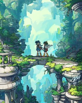 1girl absurdres adapted_costume bag blue_bow blue_dress blue_eyes blue_hair blush boots bow cirno collared_shirt commission daiyousei doggo_1d34 dress fairy_wings floating_island goggles goggles_on_head green_hair hair_bow highres ice ice_wings neck_ribbon pinafore_dress puffy_short_sleeves puffy_sleeves red_ribbon ribbon scenery second-party_source shirt short_hair short_sleeves shoulder_bag side_ponytail skeb_commission sleeveless sleeveless_dress solo touhou white_shirt wings yellow_boots yellow_bow