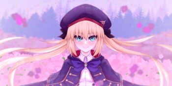 1girl absurdres artoria_caster_(fate) artoria_caster_(second_ascension)_(fate) artoria_pendragon_(fate) beret black_gloves blonde_hair blue_cape blue_hat blush breasts cape darkkin dress fate/grand_order fate_(series) field flower flower_field gloves green_eyes hat highres long_hair long_sleeves looking_at_viewer multicolored_cape red_cape small_breasts smile solo twintails white_dress