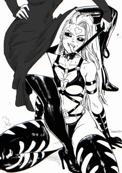 2girls black_sclera blush boots collar colored_sclera dress elbow_gloves femdom fubuki_(one-punch_man) gloves greyscale high_heels kaijin_hime_do-s knee_boots long_tongue monochrome multiple_girls o-ring one-punch_man revealing_clothes spiked_collar spikes tongue