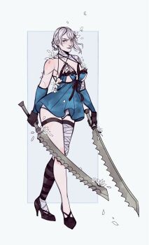 Rule 34 | 1girl, absurdres, bandaged arm, bandaged leg, bandaged neck, bandages, black gloves, black shoes, blue negligee, blue sleeves, border, braid, braided hair rings, breasts, brown eyes, cleavage, closed mouth, detached sleeves, dual wielding, falling petals, flower, full body, gloves, grey background, grey hair, hair flower, hair ornament, hair rings, high heels, highres, holding, holding sword, holding weapon, kaine (nier), light smile, looking at viewer, medium breasts, nier (series), panties, petals, robasarel, shoes, single bare shoulder, single sidelock, solo, sword, thigh strap, underboob, underwear, weapon, white border, white flower, white panties, white petals