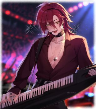 1boy brown_shirt earrings genshin_impact green_eyes hair_between_eyes headset highres holding holding_instrument illa_ohara instrument jewelry keyboard_(instrument) keytar long_hair long_sleeves male_focus mole mole_under_eye necklace open_clothes open_mouth open_shirt red_hair shikanoin_heizou shirt solo