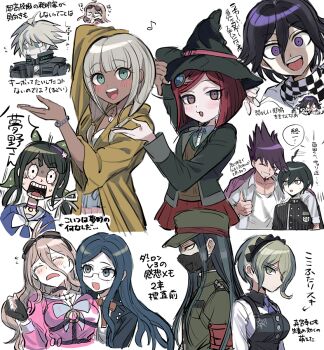 5boys 6+girls ahoge android antenna_hair arm_around_shoulder armor back-to-back barbed_wire belt black_hair black_jacket blonde_hair bloodshot_eyes blue_eyes blue_hair blush blush_stickers bow bowtie brown_eyes buttons chabashira_tenko checkered_clothes checkered_scarf chibi choker commentary_request danganronpa_(series) danganronpa_v3:_killing_harmony dark-skinned_female dark_skin facial_hair fingerless_gloves flipped_hair gem_hair_ornament glasses gloves goatee goggles goggles_on_head green_eyes grey_hair grin hair_between_eyes hair_ornament hairband hat hat_belt iruma_miu jacket jewelry k1-b0 long_hair long_sleeves looking_at_viewer mask medu_(rubish) momota_kaito mouth_mask multiple_belts multiple_boys multiple_girls musical_note necklace o-ring oma_kokichi open_mouth partial_commentary pink_choker pink_serafuku pink_shirt pleated_skirt power_armor raincoat red_hair ribbon saihara_shuichi sailor_collar scarf school_uniform serafuku shell shell_necklace shinguji_korekiyo shirogane_tsumugi shirt short_hair skirt smile speech_bubble spiked_hair surprised sweatdrop teeth thumbs_down tojo_kirumi translation_request twintails two-tone_scarf very_long_hair white_background white_bow white_bowtie white_hair wide-eyed witch_hat yellow_eyes yellow_raincoat yonaga_angie yumeno_himiko
