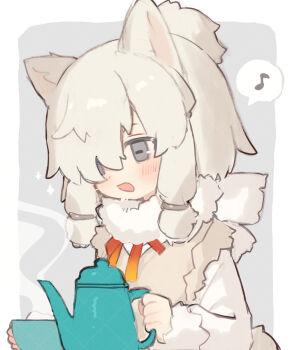 Rule 34 | 1girl, :d, alpaca ears, alpaca girl, alpaca suri (kemono friends), animal ears, blush, border, bow, bowtie, brown vest, commentary request, cup, fur collar, grey background, grey eyes, hair over one eye, highres, holding, holding cup, holding teapot, horizontal pupils, kemono friends, long sleeves, musical note, noamem, open mouth, orange bow, orange bowtie, outside border, shirt, short hair, smile, solo, sparkle, spoken musical note, teapot, upper body, vest, white border, white hair, white shirt
