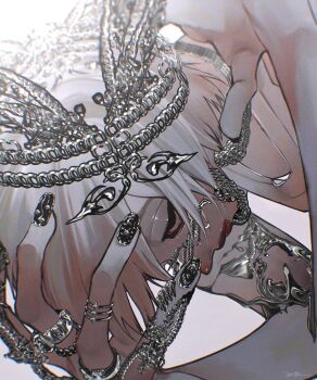 1girl black_nails bloodshot_eyes crown glaring hand_on_own_head hands_up head_down highres jewelry kasahara_iji looking_at_viewer original red_lips solo upper_body white_hair