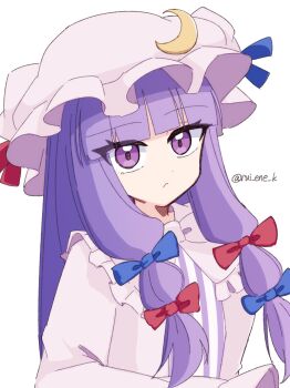 Rule 34 | 1girl, absurdres, blunt bangs, closed mouth, commentary, crescent, crescent hat ornament, dress, expressionless, hair ribbon, hat, hat ornament, highres, long hair, long sleeves, looking at viewer, mob cap, patchouli knowledge, pink robe, purple eyes, purple hair, ribbon, robe, rui ene k, solo, striped clothes, striped dress, touhou, twitter username, upper body, white background