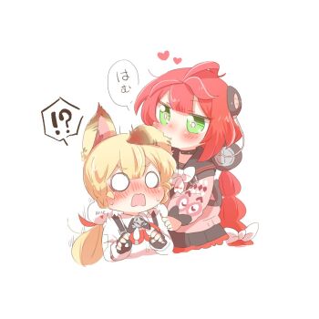 !? 2girls alice_thymefield animal_ear_fluff animal_ears biting biting_ear black_gloves black_sailor_collar blank_eyes blonde_hair blush braid braided_twintails cardigan chest_bow commentary_request cropped_torso fingerless_gloves gloves green_eyes hair_ornament hearing_aid heart long_hair low_twintails multiple_girls open_mouth pink_cardigan rabbit_ears rabbit_girl rebecca_(keinelove) red_hair sailor_collar shirt simple_background speech_bubble sphere_hair_ornament sweat translation_request twintails ukinami_yuzuha upper_body white_background white_shirt yuri zenless_zone_zero