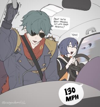 1boy 1girl belle_(zenless_zone_zero) black_shirt blue_hair blue_jacket blush car car_interior closed_eyes commentary driving english_commentary english_text green_hair hair_between_eyes hair_over_one_eye highres jacket lamp leather leather_jacket lighter_(zenless_zone_zero) meous motion_blur motor_vehicle open_mouth red_scarf scarf shirt short_hair shoulder_spikes sleeveless sleeveless_jacket speech_bubble spiked_jacket spikes steering_wheel studded_gloves sunglasses sweat torn_clothes torn_scarf torn_shirt trembling twitter_username window zenless_zone_zero