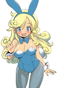 1girl animal_ears blonde_hair blue_bow blue_bowtie blue_eyes blue_leotard blush bow bowtie breasts bunny_day cleavage detached_collar dragon_quest dragon_quest_iii fake_animal_ears fake_tail gadabout_(dq3) grey_pantyhose highres large_breasts leaning_forward leotard long_hair looking_at_viewer muramasa_mikado open_mouth pantyhose playboy_bunny rabbit_ears rabbit_tail smile square_enix standing tail teeth waving white_background wrist_cuffs