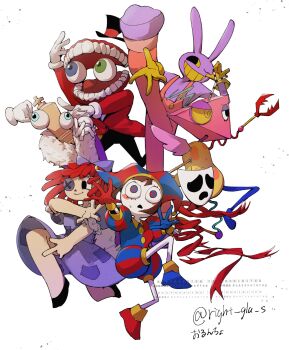 3boys 4girls animal_ears asymmetrical_eyes asymmetrical_gloves black_eyes black_pants blue_eyes blue_gloves blush_stickers bow brown_hair button_eyes buttons caine_(the_amazing_digital_circus) chess_piece colored_sclera colored_skin colored_teeth comedy_and_tragedy_masks dentures detached_eyes dress everyone fur-trimmed_robe fur_trim gangle_(the_amazing_digital_circus) gloves green_eyes grin hair_bow hat heterochromia highres jax_(the_amazing_digital_circus) jester jester_cap jester_costume king_(chess) kinger_(the_amazing_digital_circus) leg_up mask mismatched_gloves multicolored_eyes multiple_boys multiple_girls one_eye_closed orange_overalls overalls pants pink_overalls pomni_(the_amazing_digital_circus) puffy_sleeves purple_bow purple_dress purple_robe rabbit_boy rabbit_ears ragatha_(the_amazing_digital_circus) rayman_limbs red_eyes red_gloves red_hair red_ribbon ribbon right_gla_s robe short_hair short_sleeves simple_background smile striped_clothes striped_headwear teeth the_amazing_digital_circus triangle_nose two-tone_eyes vertical-striped_bodysuit vertical-striped_clothes vertical-striped_headwear white_background white_gloves white_skin yellow_gloves yellow_sclera yellow_teeth zooble_(the_amazing_digital_circus)