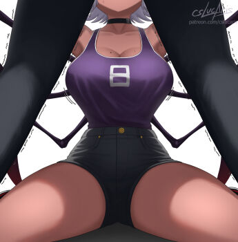 Rule 34 | 1boy, 1girl, 8 (number), arms up, arthropod girl, arthropod limbs, bare shoulders, birthmark, black pants, black shorts, breasts, commentary, crop top, cslucaris, dark-skinned female, dark skin, english commentary, from below, highres, insect girl, kneeling, large breasts, legs apart, lucille (cslucaris), original, pants, purple shirt, shirt, short shorts, shorts, spider girl, standing