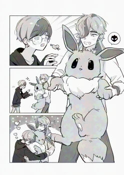 1boy 1girl alpha_pokemon arven_(pokemon) commentary eevee eevee_ears eevee_tail fluffy gen_1_pokemon glasses heart holding holding_pokemon hood hoodie long_sleeves mojo_sn multicolored_hair nintendo open_mouth penny_(pokemon) pokemon pokemon_(creature) pokemon_tail round_eyewear school_uniform see-through_clothes see-through_skirt shirt short_hair shorts simple_background skirt symbol-only_commentary tail two-tone_hair vest