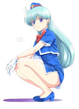 Rule 34 | 1girl, bare legs, blue dress, blue hair, blue hat, blue jacket, blue shoes, bow, bowtie, closed mouth, commentary request, cropped jacket, dress, earrings, from side, full body, garrison cap, gloves, hat, high heels, highres, jacket, jewelry, long hair, looking at viewer, looking to the side, microdress, nori (norimakigumo), open clothes, open jacket, purple eyes, red bow, red bowtie, shoes, short sleeves, side slit, signature, simple background, solo, squatting, tenjouin katsura, travel attendant, white background, white gloves, yat anshin uchuu ryokou
