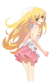1girl absurdres back blonde_hair blush breasts dress fang hair_flaps happy highres loli long_hair looking_at_viewer looking_back monogatari_(series) moobong open_mouth oshino_shinobu pink_dress pointy_ears red_ribbon ribbon sideboob small_breasts standing two-tone_dress very_long_hair white_background white_dress yellow_eyes