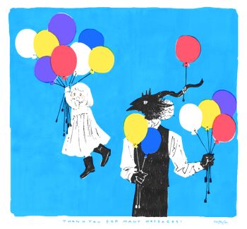 1boy 1girl balloon black_fur black_vest blue_background body_fur boots child commentary dress english_text floating furry furry_male holding holding_balloon horn_ornament horns looking_at_another medium_hair nagabe sensei_(totsukuni_no_shoujo) shiva_(totsukuni_no_shoujo) simple_background symbol-only_commentary totsukuni_no_shoujo vest white_dress white_eyes white_hair