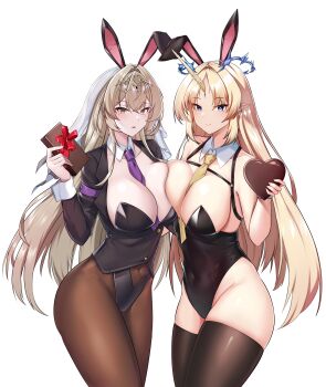 Rule 34 | 2girls, absurdres, alternate costume, animal ears, bare shoulders, between breasts, bianca (pgr), black leotard, black thighhighs, blonde hair, blue eyes, blush, breast press, breasts, brown pantyhose, chocolate, closed mouth, collar, covered navel, crossover, crown of thorns, detached collar, earrings, fake animal ears, fleurdelys (wuthering waves), floating earrings, food, groin, highres, holding, holding chocolate, holding food, horns, jewelry, large breasts, leotard, long hair, looking at viewer, mapyarong, mole, mole under eye, multiple girls, necktie, necktie between breasts, pantyhose, playboy bunny, pointy ears, punishing: gray raven, purple necktie, rabbit ears, sidelocks, single horn, skindentation, symmetrical docking, tacet mark (wuthering waves), thighhighs, thighs, valentine, very long hair, white collar, white wrist cuffs, wrist cuffs, wuthering waves, yellow eyes, yellow horns, yellow necktie