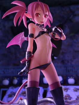 1girl 3d beanis bed black_bra black_gloves black_panties bra bra_lift clothes_lift demon_girl demon_tail demon_wings disgaea etna_(disgaea) female_focus gloves hair_ornament highres kneeling lifting_own_clothes loli looking_at_viewer looking_to_the_side on_bed open_mouth panties panty_pull pillow pointy_ears red_eyes red_hair skull_hair_ornament solo tail underwear wings