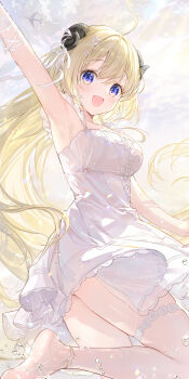 1girl :d ahoge aircraft airplane animal_ears anklet arm_up armpits barefoot blonde_hair breasts cloud commentary day dress feet fuumi_(radial_engine) hair_ornament hairclip highres hololive horns jewelry large_breasts long_hair looking_at_viewer open_mouth outdoors outstretched_arm purple_eyes sheep_ears sheep_girl sheep_horns smile soles solo sundress thigh_strap tsunomaki_watame untranslatable_commentary very_long_hair virtual_youtuber white_dress