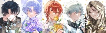 18trip 5boys absurdres black_eyes black_hair black_shirt blonde_hair blue_flower closed_mouth flower grey_eyes grey_hair hair_between_eyes hamunicetrip hand_rest high_collar highres holding holding_flower kamina_yukikaze long_hair lu_liguang male_focus mole mole_under_eye multiple_boys multiple_moles murakumo_ten nishizono_renga oguro_kafka one_eye_closed open_mouth parted_bangs portrait purple_flower purple_hair red_hair shirt short_hair sleeves_past_wrists smile turtleneck white_eyes white_flower white_hair white_shirt yellow_flower yellow_petals
