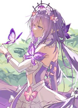 1girl arm_at_side black_tiara bright_pupils bug butterfly butterfly_earrings castorice_(honkai:_star_rail) commentary cowboy_shot den_dendayo detached_collar detached_sleeves dress earrings flower from_side grass hair_flower hair_ornament hand_up hashtag-only_commentary highres honkai:_star_rail honkai_(series) insect jewelry long_hair looking_at_animal multicolored_eyes parted_lips pink_eyes pink_flower pointy_ears purple_butterfly purple_eyes purple_hair sidelocks sketch solo tiara twintails two-tone_eyes very_long_hair white_background white_dress white_flower white_pupils