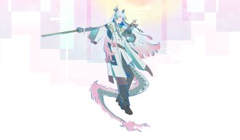 Rule 34 | 1boy, absurdres, arknights, black pants, black shoes, blue streaks, bonsai, chinese commentary, closed mouth, colored extremities, commentary request, dragon boy, dragon horns, dragon tail, earrings, eastern dragon horns, eastern dragon tail, floating, flower pot, full body, gradient hair, green hands, green streaks, hair between eyes, highres, holding, holding flower pot, holding weapon, horns, jacket, jewelry, jzstraight, long hair, long sleeves, looking to the side, male focus, multicolored hair, pants, pink eyes, pointy ears, shirt, shoes, smile, solo, streaked hair, tail, weapon, white jacket, white shirt, yi (arknights)