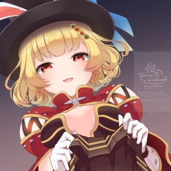 1girl ace_(playing_card) animal_ears blonde_hair blush breasts breasts_apart brown_dress cape card clothes_lift cloud club_hair_ornament commentary_request creator_(ragnarok_online) curly_hair diamond_(shape) diamond_hair_ornament dress dress_lift fake_animal_ears gloves hair_ornament hat heart heart_hair_ornament highres looking_at_viewer looking_down medium_breasts open_mouth out-of-frame_censoring playing_card pleated_dress plunging_neckline pouch ragnarok_online red_eyes sakuraji_tomoka short_dress short_hair smile solo spade_hair_ornament strapless strapless_dress teeth top_hat upper_body vial white_gloves