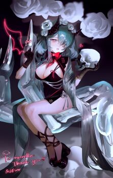 1girl black_gloves bow bowtie breasts cleavage commission fcjfior flower gloves green_hair hair_flower hair_ornament heart highres horns large_breasts long_hair looking_at_viewer open_mouth original pink_eyes red_bow red_bowtie red_ribbon ribbon rose side_slit skeleton skull smile thighs very_long_hair white_flower white_rose