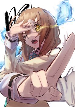 1girl absurdres blunt_bangs bob_cut brown_hair chuunibyou eyepatch eyepatch_pull fighting_stance foreshortening glowing glowing_eye heaven_burns_red highres hiiragi_kozue hitodama jacket kisaragi_yayoi_(ksrg_yayoi) kuji-in long_sleeves looking_at_viewer medical_eyepatch medium_hair motion_lines one_eye_closed open_mouth simple_background solo teeth upper_body v-shaped_eyebrows white_background yellow_eyes yellow_jacket yellow_pupils