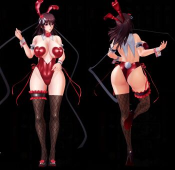 1girl 3d action_taimanin animal_ears ass blush breasts cleavage curvy detached_collar fake_animal_ears highleg highleg_leotard highres huge_ass huge_breasts leotard lilith-soft looking_at_viewer mizuki_shiranui multiple_views official_alternate_costume rabbit_ears red_leotard screencap smile standing taimanin_(series) taimanin_yukikaze thighhighs thong_leotard