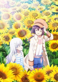 Rule 34 | 2girls, absurdres, blue shorts, brown hair, brown jacket, closed eyes, collarbone, day, field, flower, flower field, hat, highres, holding hands, jacket, key (company), key visual, long hair, long sleeves, multiple girls, nanami (summer pockets), naruse shiroha, official art, open mouth, outdoors, promotional art, shirt, shorts, sidelocks, sleeveless, sleeveless shirt, smile, striped clothes, striped shirt, summer pockets, sunflower, sunflower field, white hair
