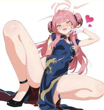 1girl absurdres alternate_costume alternate_hairstyle aru_(blue_archive) blue_archive brown_horns china_dress chinese_clothes chiseinalice commentary_request demon_horns double_bun dress full_body gloves hair_bun halo heart highres horns looking_at_viewer low_horns pelvic_curtain pink_hair saliva solo squatting tongue tongue_out white_background white_gloves
