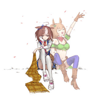 2girls absurdres advarcher ahoge animal_ears armband bag bandana bandeau bare_shoulders belt between_breasts blue_dress blue_thighhighs blush boots bow breasts brown_belt brown_gloves brown_hair closed_eyes closed_mouth commentary_request cowboy_boots cowboy_hat double-parted_bangs dress ear_ribbon ghost gloves green_armband green_bandeau green_skirt gun hair_between_eyes hair_ornament hairband hat hat_on_back headband highres horse_ears horse_girl large_breasts long_hair long_sleeves meisho_doto_(turbulent_blue)_(umamusume) meisho_doto_(umamusume) midriff multicolored_hair multiple_girls navel open_mouth pink_hairband pink_headband ponytail purple_eyes red_bandana scarf sheriff_badge shirt short_hair shoulder_bag skirt smile star_(symbol) star_hair_ornament strap_between_breasts taiki_shuttle_(umamusume) taiki_shuttle_(wild_frontier)_(umamusume) thighhighs two-tone_hair umamusume weapon white_gloves white_hair white_shirt white_thighhighs yellow_scarf