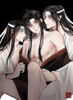 Rule 34 | 3boys, ahoge, alternate hairstyle, bare legs, bare pectorals, bare shoulders, bishounen, black background, black hair, black hanfu, boy sandwich, chinese clothes, chinese commentary, clone, closed mouth, collarbone, commentary request, dual persona, hair down, hand on another's stomach, hanfu, headband, highres, lan wangji, long hair, long sleeves, looking at another, looking at viewer, loxunzixin31122, male focus, male harem, modao zushi, multiple boys, nipples, off shoulder, open clothes, open robe, parted lips, partially undressed, pectoral cleavage, pectorals, red eyes, robe, sandwiched, seal impression, sidelocks, simple background, sitting, smile, undressing another, wei wuxian, white hanfu, white headband, wide sleeves, yaoi, yellow eyes