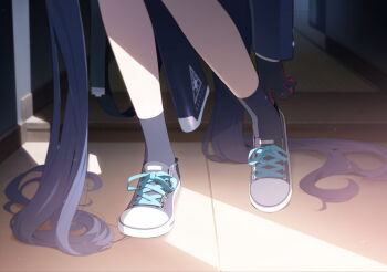 1girl absurdly_long_hair ankle_socks artist_request black_gloves black_socks blue_archive blue_jacket blue_shoes game_cg gloves gun highres jacket long_hair non-web_source official_art putting_on_footwear rifle serika_(blue_archive) shoes sneakers socks solo twintails very_long_hair weapon