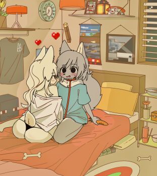 2girls animal_ears ass bare_shoulders black_panties blonde_hair blue_shirt blush bone carrot clock clothes_hanger collar commentary english_commentary fang furry furry_female furry_with_furry grey_hair grey_shirt heart heart-shaped_pupils highres holding holding_leash lamp leash long_hair looking_at_another medium_hair mike_no_hito minecraft multiple_girls off-shoulder_shirt off_shoulder on_bed open_mouth original panties pillow plant rabbit_ears rabbit_tail seiza shirt sitting sweatdrop symbol-shaped_pupils tail underwear unworn_shirt vase white_shirt wolf_ears wolf_girl wolf_tail yuri