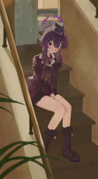 Rule 34 | 1girl, black boots, black skirt, blue archive, boots, garrison cap, hair between eyes, halo, haruka (blue archive), hat, highres, jacket, lemon.o.zi, long hair, looking at viewer, purple eyes, purple hair, purple halo, purple jacket, skirt, solo, thighs
