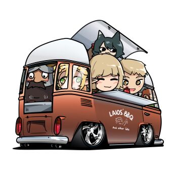 3boys 3girls :3 absurdres animal_ears beard black_eyes black_hair blonde_hair blush braid cat_ears chilchuck_tims commentary crown_braid dungeon_meshi english_commentary facial_hair falin_touden green_eyes highres holeecrab izutsumi ketchup laios_touden long_pointy_ears looking_down marcille_donato motor_vehicle multiple_boys multiple_girls mustache pointy_ears senshi_(dungeon_meshi) shadow smile van vehicle_focus volkswagen volkswagen_type_2