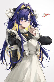1girl absurdres apron arm_behind_back black_dress black_hairband blonde_hair blue_eyes blue_hair blush character_name closed_mouth colored_inner_hair dot_mouth dress frilled_apron frills hair_intakes hair_ornament hairband hand_up highres index_finger_raised juliet_sleeves long_hair long_sleeves looking_at_viewer multicolored_hair puffy_sleeves reverse:1999 school_uniform solo soviet_school_uniform star_(symbol) star_hair_ornament upper_body voyager_(reverse:1999) white_apron white_background xun_li_eins