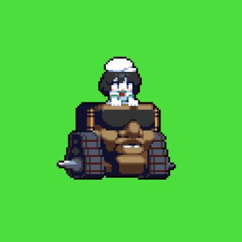 1girl animated animated_gif black_hair blue_eyes blush caterpillar_tracks chibi colored_skin commentary_request cookie_(touhou) green_background looping_animation manatsu_no_yo_no_inmu mechanization military_vehicle milk_(cookie) motor_vehicle murasa_minamitsu open_mouth pixel_art shirt short_hair simple_background smile smoke solo sunglasses takuya_(acceed) tank tonchamon_san touhou upper_body white_headwear white_shirt white_skin