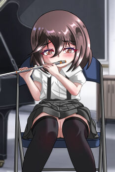 1girl black_skirt black_thighhighs blush brown_eyes brown_hair chair chalkboard chapio classroom embarrassed exhibitionism flat_chest flute highres holding holding_flute holding_instrument instrument looking_at_viewer music no_panties original piano playing_flute playing_instrument public_indecency puffy_sleeves pussy rui_(chapio) school_uniform shirt short_hair short_sleeves sitting skirt suspender_skirt suspenders thighhighs white_shirt